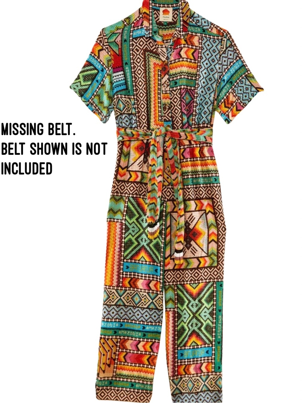 Farm Rio Multicolor Patchwork Jumpsuit Small Boho Vacation Belt Not Included